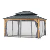 A gazebo with a metal roof and mesh curtains, set against a white background. Produktbild-Vorschau