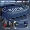 Close-up of a blue gaming chair seat with marketing text and diagrams highlighting its features. Produktbild-Vorschau
