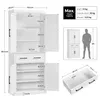 Diagrams and measurements of a white cabinet, with a silhouette of a person for scale. Produktbild-Vorschau
