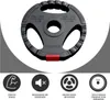 A black weight plate with red accents, shown from a slightly elevated angle, with four circular icons below it illustrating product features. Náhľad obrázku produktu