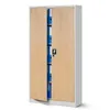 A closed metal filing cabinet with wood-grain doors, showing several blue binders inside one half of the cabinet. Voir les images du produit