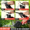A collage of four images showing how to attach and detach the blade of a cordless hedge trimmer, followed by a final image of the assembled hedge trimmer in use. Produktbild-Vorschau