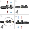 Four panels showing the assembly steps for a heating manifold thermostat. Produktbild-Vorschau