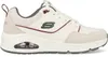 A side view of a white Skechers sneaker with beige and gray accents. Voir les images du produit