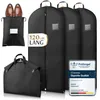 A collage of black garment bags, a black shoe bag, and a pair of brown leather shoes, along with a 'Prüfengel' quality seal. Produktbild-Vorschau