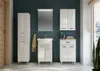 A modern bathroom vanity set with a sink, mirror, and storage cabinets against a dark teal wall. Voir les images du produit