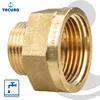 A close-up studio shot of a brass pipe fitting adapter. Produktbild-Vorschau
