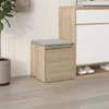 A storage unit with a cushion on top, next to a larger cabinet with shoes on the bottom shelf. Náhľad obrázku produktu