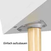 Close-up view of the underside of a white table or cabinet, showing a metal mounting plate attached to a wooden leg with screws. Text indicating 'Easy to assemble' is visible. Produktbild-Vorschau