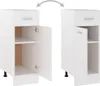 Two views of a white cabinet with a drawer and a door showing different states of opening. Voir les images du produit