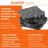 A stack of four square, black vibration dampening pads with white flecks, set against an orange and white background with text. Produktbild-Vorschau