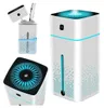 A collage of images showing a white humidifier with blue accents, including a close-up of its top and a demonstration of it being filled with water. Náhled obrázku produktu