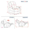 Diagrams showing the dimensions of a recliner chair in different positions. Náhled obrázku produktu