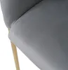 A close-up view of a gray upholstered chair with a wooden leg. Produktbild-Vorschau