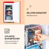 A collage of images showing a red retro-style freezer, its interior, and a close-up of a hand reaching for frozen food. Text overlays describe features. Podgląd zdjęcia produktu