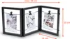 A black, foldable photo frame with three sections, each holding a photo attached by clips to a wire. Produktbild-Vorschau
