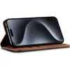 A brown leather flip-style phone case with a smartphone inside, shown from a slightly elevated angle against a white background. Produktbild-Vorschau