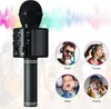 A black karaoke microphone with various people shown in circular insets, representing different user demographics. Produktbild-Vorschau