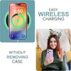 A collage showing a phone case being wirelessly charged and a woman holding a phone with a case. Produktbild-Vorschau