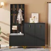 A modern entryway furniture set, including a coat rack, bench, and shoe cabinet, displayed in a room setting. Podgląd zdjęcia produktu