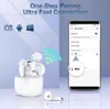 A marketing image for wireless Bluetooth headphones, showing the product, its charging case, and a smartphone screen displaying Bluetooth pairing information. Produktbild-Vorschau