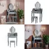 Collage of a gray vanity table with LED lights and a stool, shown in different settings. Produktbild-Vorschau