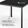 A close-up view of a black pergola with a slatted roof and a crank mechanism, set against a white background. Text overlays describe the product's features. Produktbild-Vorschau