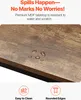 Close-up of a wooden tabletop with water droplets, highlighting its water-resistant feature. Below are icons indicating 'Easy to Clean' and 'Rounded Edges'. Produktbild-Vorschau