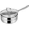 A stainless steel saucepan with a glass lid and a steamer insert, shown against a white background. Produktbild-Vorschau