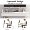 A split image showing a desk with dual monitors and storage shelves at the top, and two illustrations of a person using a computer at the bottom, demonstrating correct and incorrect posture. Anteprima dell’immagine prodotto