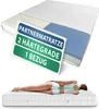 A mattress with a sign highlighting its features and a person lying on it. Produktbild-Vorschau