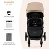 A stroller with accessories displayed next to it, with text describing the accessories. Voir les images du produit