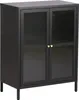 A black sideboard with two fluted glass doors and gold handles, shown from the front on a white background. Podgląd zdjęcia produktu