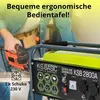 A person is using a jigsaw next to a portable generator. Podgląd zdjęcia produktu