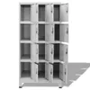 A tall, gray metal locker unit with 12 open compartments arranged in four rows of three. Produktbild-Vorschau
