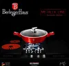 A red Berlinger Haus casserole dish with a glass lid is placed on a modern stovetop, with glowing electric heating elements visible on the left and a gas burner with blue flames beneath the pot on the right. The background is black, and text overlays highl Voir les images du produit