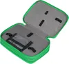 An open green pencil case with multiple compartments and elastic loops. Produktbild-Vorschau