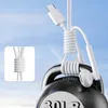 A white USB-C cable and earphones are wrapped around a kettlebell, demonstrating their durability. Produktbild-Vorschau