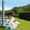 A woman and a baby are washing a golden retriever dog in a small blue pool in a backyard next to a swimming pool and a solar shower. Náhľad obrázku produktu