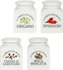 Four white ceramic spice jars with illustrations and labels. Produktbild-Vorschau