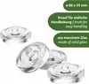 Several clear glass knobs are arranged on a white background, with green overlay text providing product details. Produktbild-Vorschau