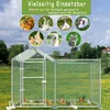 A large outdoor chicken coop with various animals pictured in circular frames above it, set in a grassy field with trees and a house in the background. Náhled obrázku produktu