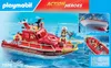 The image shows the packaging of a Playmobil fire rescue boat set, with the boat in the water and inset images of the boat in use. Produktbild-Vorschau