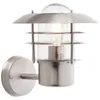 A close-up studio shot of a silver outdoor wall light with a glass shade. Produktbild-Vorschau