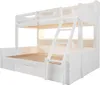 A white bunk bed with a natural wood slatted base, shown from a slightly elevated side angle against a white background. Produktbild-Vorschau