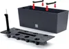 A dark gray planter box and its insert are shown with red arrows indicating assembly. Produktbild-Vorschau