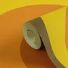 A close-up of a roll of wallpaper with a retro-style circular pattern in yellow, orange, and brown. Produktbild-Vorschau