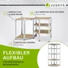 A marketing image showing two configurations of a metal shelving unit, with text overlays highlighting features. Náhled obrázku produktu