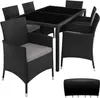 A black rattan dining set with a glass tabletop and gray cushions, including a table and six chairs, is displayed on a white background. A black protective cover for the set is also shown. Náhled obrázku produktu