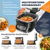 A collage of images showcasing a multi-functional kitchen appliance, its features, and food prepared with it. Produktbild-Vorschau